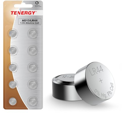 Tenergy 1.5 Volt Battery LR44, Button Cell LR44, ag13/LR44 Batteries Equivalent, Ideal for Watches, Laser Pointers, Small Toys, Portable Electronics, and More, 10 Count