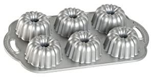 Nordic Ware Platinum Anniversary Bundtlette Pan, Cast Aluminium Mini Bundt Tin, Bundt Cake Tin for 6 Cakes, Cake Mould Made in the USA, Colour: Platinum, Silver
