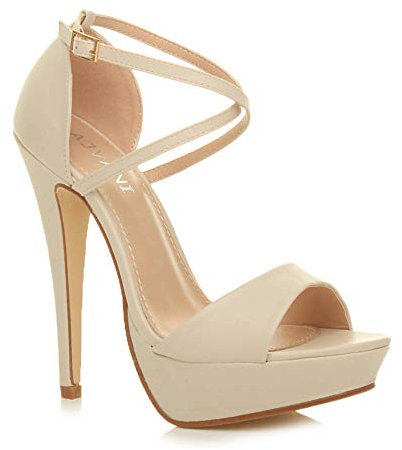 Ajvani Womens Ladies Platform high Heel Peeptoe Cross Over Strappy Shoes, 3 UK, Beige