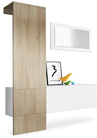 Vladon Garderobe Carlton Set 4, Made in Germany, Garderobenset bestehend aus 1 Garderobenpaneel, 1 Schrankmodul und 1 Wandspiegel, Weiß matt/Eiche sägerau (156 x 193 x 35 cm)