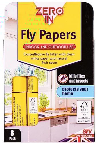 Zero In Fly Papers FSC - 8-Pack FSC Compliant, Sticky Natural Trap Controls Flies, Fungus Gnats, Fruit Flies, Mosquitoes and Bugs, White