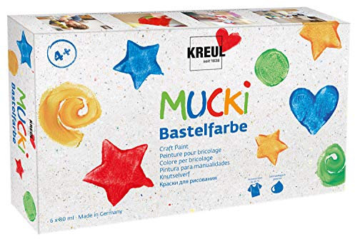 KREUL 24160 - Mucki Bastelfarbe, 6 x 80 ml in weiß, gelb, rot, blau, grün und schwarz, Kindermalfarbe auf Wasserbasis, parabenfrei, glutenfrei, laktosefrei, vegan, auswaschbar, mit Pinsel vermalbar
