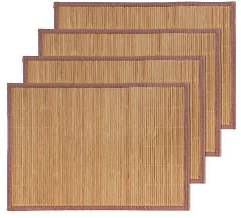 BambooMN Bamboo Slats Placemat with Fabric Border - Solid Colour Print - 18 x 13 - Brown, 4 pcs