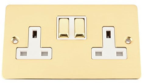A5 Wall Socket 2 Gang - Polished Mirror Brass Flat - White Insert - Metal Rocker Switch - 13A Double Plug Socket