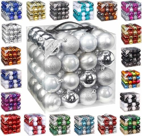 64x Kunststoff Christbaumkugeln 6cm Kugel Box Glanz Glitzer Matt Dekor Inge Glas, Farbe:Silber