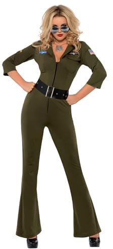 Smiffys Top Gun Aviator Outfit, Adult Green Jumpsuit & Belt, Official Top Gun License Costume with Iconic Aviation Badges, Adjustable Belt & Pocket Detail, Official Top Gun Halloween Fancy Dress