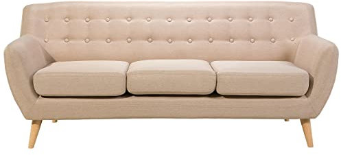 Beliani 3-Sitzer Sofa mit Armlehnen Stoff Beige Knopfheftung Holzgestell Retro Motala