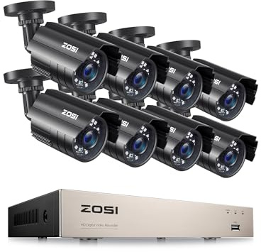 ZOSI Kit de Sécurité Extérieur H.265+ avec 8 Caméras 1080P, Étanche IP66, Vision Nocturne, Détection Intelligente Personne/Véhicule, Alertes Instantanées, DVR 5MP Lite (Disque Dur Non Inclus)