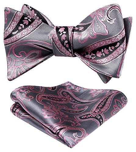 HISDERN Nœud papillon et mouchoir de poche pour homme Motif floral Jacquard Paisley, Rose/gris, taille unique