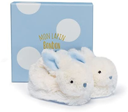 Doudou et Compagnie - Coffret Chaussons avec Hochet - Lapin Bonbon - Boite Cadeau - Bleu - De 0 à 6 Mois - Doux et Chaud - Idée Cadeau Naissance Garçon - DC1309