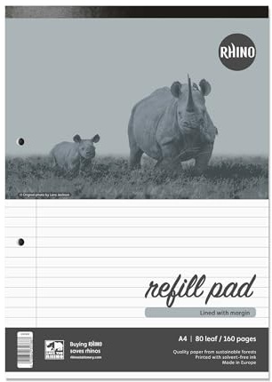 RHINO A4 Refill Pad, Writing Pad, 160-Page / 8mm Lined with Margin, 1-Pack, White Hole Punched Top Binding Writing Paper, Office & School Stationery Supplies