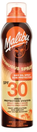 Malibu Sun SPF 30 Continuous Dry Oil Spray for Tanning with Shea Butter Extract, High Protection, Moisturising Tanning Oil Mist, Water Resistant, 175ml