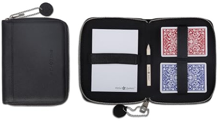 Melia Games Spielkarten Set Deluxe - Premium Karten-Etui aus feinstem Leder - komplettes Set inklusive 2 Spielkartendecks, Notizblock und Bleistift (All Black)