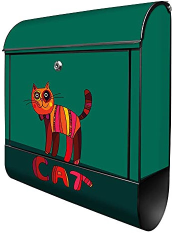 banjado® Design Briefkasten mit Orange Katze 38,5x46,5x13cm & 2 Schlüssel - Briefkasten Stahl schwarz mit Zeitungsfach pulverbeschichtet - Postkasten A4 Einwurf inkl. Montagematerial