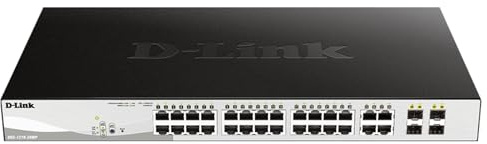 D-Link 28-Port Gigabit Smart Managed PoE+ Switch, 24 PoE+ Ports (370W) + 4 SFP Combo Ports, L2+, VLANs, Web Managed, Surveillance Mode, Rackmount, Energy Efficient, NDAA Compliant (DGS-1210-28MP)