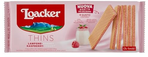 Loacker, Thins, Wafer Finissimi e Croccanti Farciti con una Deliziosa Crema al Lampone e Yogurt, Senza Aromi e Coloranti Aggiunti, Ideali a Colazione, Merenda e Snack, 1 Confezione da 150g