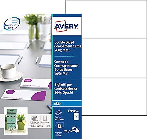 Mappe mit 75 Korrespondenzkarten 210x99mm AVERY Quick&Clean beidseitiger Druck, 260g
