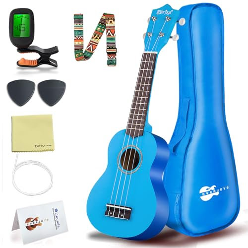 Everjoys Sopran Ukulele Set für Kinder und Erwachsene 21 Zoll Ukulele Starter Kit mit Tasche, Tuner, Songbook, Saiten, Pick, Kleine Hawaii Gitarre Blau