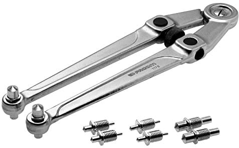 FACOM Llave para Tuercas con Orificios, Capacidad 20-100mm, Ajuste Tipo Compás, Espolones Dobles y Redondos Móviles, Incluye 4 Juegos de Espolones, Cromada Satinada, 117.B