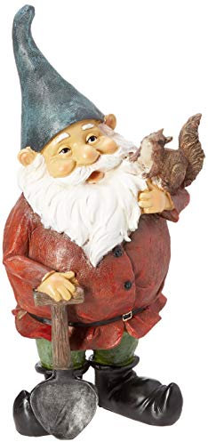 Design Toscano Dekofigur Zwerg mit Schaufel und Eichhörnchen, Harz, 20,5 x 6,5 x 43 cm