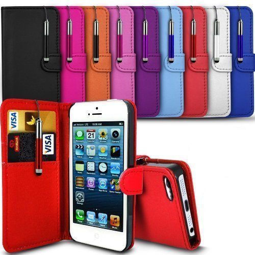 Apple iPhone 5S Premium PU Leather Wallet Flip Skin Case Cover in ORANGE with RETRACTABLE Capacitive Stylus Touch Screen Pen, Screen Protector and Polishing Cloth