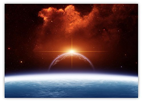 XXL Poster 100 x 70cm (S-820) futuristisches Bild im All mit einer aufgehenden Sonne Planeten Sternenhimmel Weltraum Erde Mond Horizont (Lieferung gerollt !)