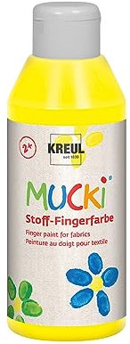 KREUL 28402 - Mucki leuchtkräftige Stoff - Fingerfarbe, 250 ml in gelb, auf Wasserbasis, parabenfrei, glutenfrei, laktosefrei und vegan, optimal für die Anwendung mit Fingern und Händen