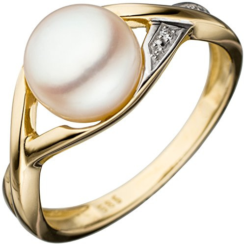 Jobo Damen-Ring aus 14 Karat 585 Gold mit großer Perle und Diamant Größe 56