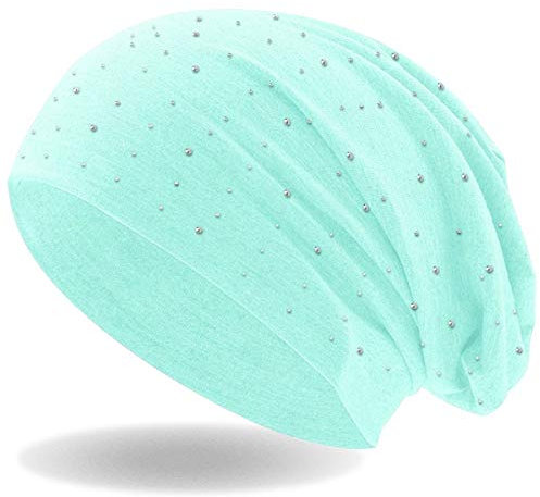 Damen Beanie Mütze | mit edler Strass Nieten Applikation | Mädchen Mütze | elastisches Slouch Long Beanie | leicht und weich (Mint)