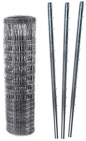 Aquagart Wildzaun Komplettset I 50m Knotengeflecht Zaun 150/13/15 und 15 St. Zaunpfähle 2m I Weidezaun inkl. Zaunpfosten für Forst-, Garten- und Landschaftsbau