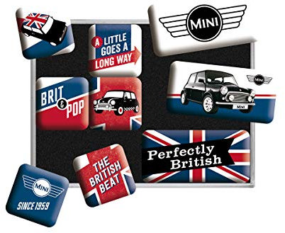 Nostalgic-Art Retro Kühlschrank-Magnete, 9 Stück, Mini – Union Jack – Geschenk-Idee für Mini Cooper Fans, Magnetset für Magnettafel, Vintage Design
