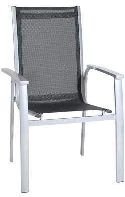 greemotion Stapelsessel Monza silber/schwarz, Sitzmöglichkeit für In- und Outdoor, platzsparender Terassenstuhl, Stuhl aus pflegeleichtem Material, flexibles Gewebe, witterungsbeständig, Sitzmaße : ca. 44 x 44 x 44 cm