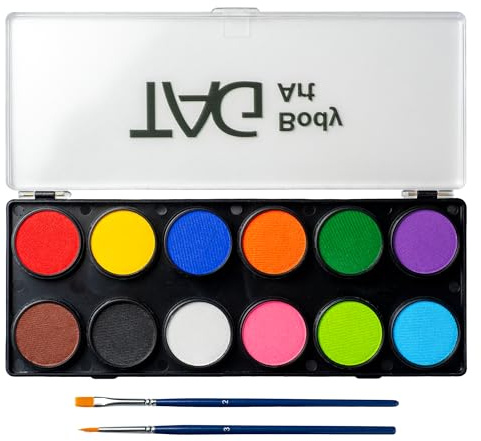 TAG Face Paint and Body Paint Professional 12 Color Palette - 10g Regular Primary & Secondary Cakes - Safe for Sensitive Skin, Wax-Based Opaque Makeup with 2 Artist Brushes