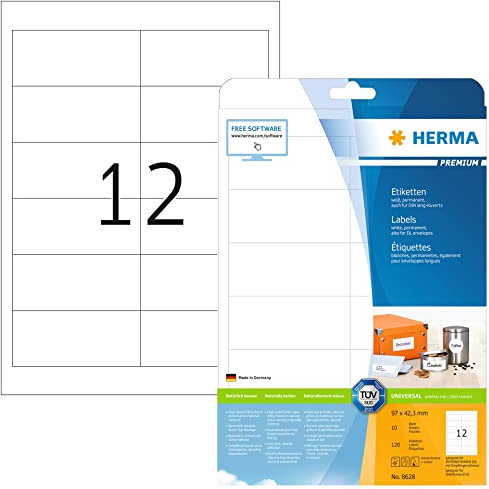 HERMA 8628 Universal Etiketten, 10 Blatt, 97 x 42,3 mm, 12 pro A4 Bogen, 120 Stück, selbstklebend, bedruckbar, matt, blanko Papier Klebeetiketten Aufkleber, weiß