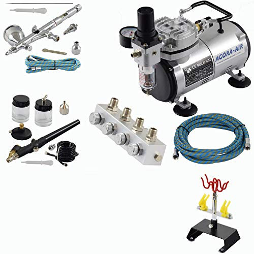 Agora-Tec® Airbrush Komplett-Set EXPERT XVI.3, Komplettsystem inkl. Kompressor mit 4 bar und 20l/min + 2 Airbrushpistolen mit 0,2 & 0,3 & 0,8mm Nadeln/Düsen + regelbaren 4-fach Luftverteiler + 4fach-Halter + 2 Schläuche + Adapter