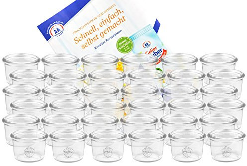 MamboCat Weck Lot de 36 bocaux en verre de 80 ml avec livre de recettes de Diamantzucker (français non garanti) - Bocaux à dessert - Bocaux en verre pour gâteaux, gelées, etc., sans couvercle