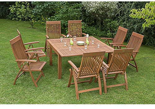 MERXX Gartenmöbel-Set Rom 9-tgl. aus Eukalyptusholz, Klappsessel 5-fach verstellbar und Ausziehtisch