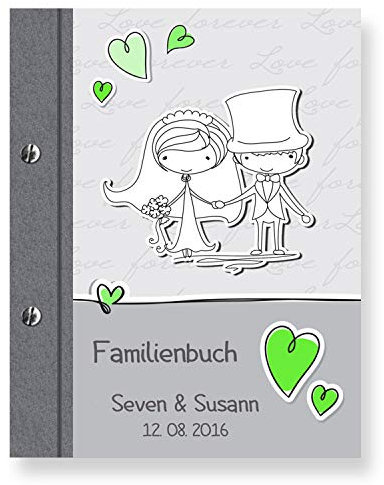 Stammbuch der Familie personalisiert 'Comical' grün A5 Familienbuch Familienstammbuch Stammbaum Stammbücher Holzbuch Hochzeit