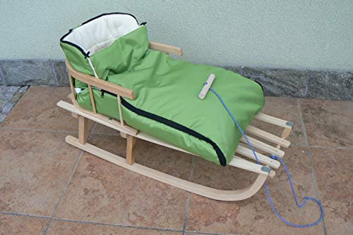 Holzschlitten mit Rückenlehne mit Winterfußsack 90cm 10 Farben Schlitten aus Holz (Dunkelgrün)