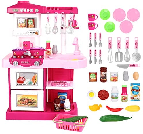 deAO My Little Chef Kitchen Play Set with 30 Accessories for Children, Features Light and Sound for Children (Pink)