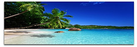 Panoramabild auf Leinwand und Keilrahmen 150x50cm Seychellen Strand Meer Palmen