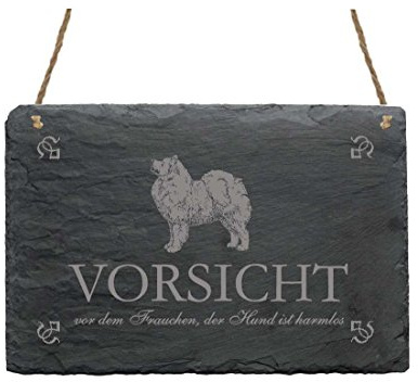 Schiefertafel Samojede « VORSICHT VOR DEM FRAUCHEN DER HUND IST HARMLOS » Schild mit Hunde Motiv - Geschenk Dekoration Dekoschild Türschild