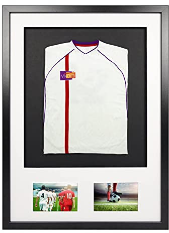 Vivarti DIY Infant 3D Mounted + Double Aperture Sports Shirt Display Frame for Football Shirt, Rugby Shirt, Band T-Shirt Shadow Box - 50x 70cm - Black Frame, White Mount, Black Backing Card
