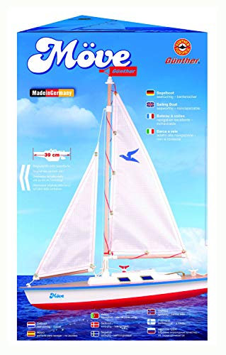 Günther Flugspiele 1806 - Segelboot Möve, ca. 39 x 50 cm, Segeljacht mit einstellbarem Großsegel und Ruderblatt, lackiertem Holzdeck und Speziallackierung, für den Gartenteich, Strand und Meer