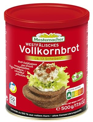 Mestemacher Westfälisches Vollkornbrot ohne Kruste in der Dose, extra lange haltbar, perfekt für Vorrat, Single Haushalt und Camping, vegan, Nutri Score A, nur 4 Zutaten, 13 Scheiben, 500g