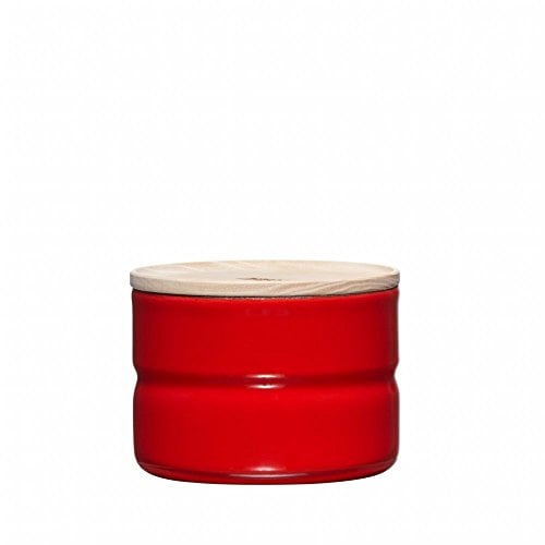 Riess, 2171-213, Vorratsdose mit Eschenholzdeckel, Durchmesser 8 cm, Höhe 6 cm, Inhalt 230 ml, FRESH TOMATO, KITCHEN-MANAGEMENT, Truehomeware, Emaille