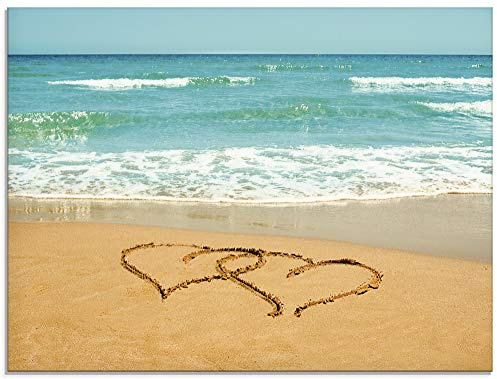 ARTland Wanddeko Glasbilder Wandbild Glas Bild einteilig 80x60 cm Querformat Strand Meer Küste Urlaub Liebe Paar Natur Landschaft Herzen Sand T5OB