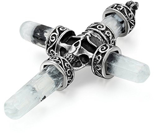 JewelryWe Schmuck Edelstahl Harz Gotik Totenkopf Schädel Kreuz Herren-Anhänger mit 55cm Kette, Retro Halskette, Weiss Schwarz Silber
