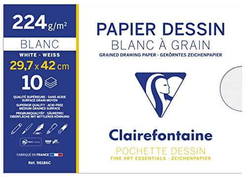 Clairefontaine 96186 Mappe Zeichenpapier (224 g, 29,7 x 42 cm, 10 Bögen, ideal für Kunstunterricht, geleimt) weiß