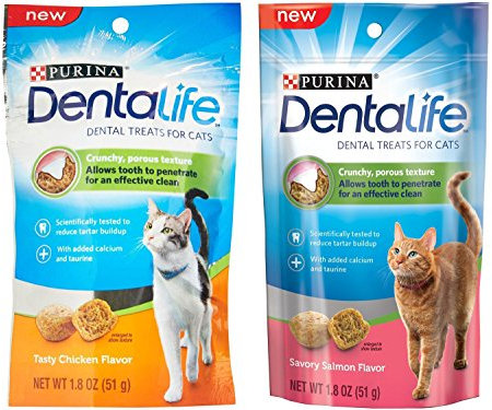 Purina Dentalife Zahnpflege-Leckerlis für Katzen im Paket; würziger Lachs und leckeres Huhn